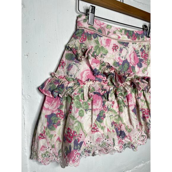 LoveShackFancy White Cream Ruffled Skater Mini Skirt Size 0 Pink Floral - Picture 2 of 7